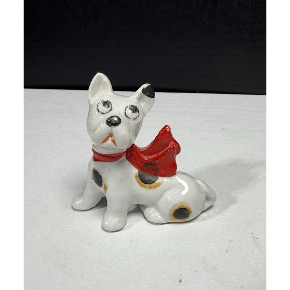 Vintage Tall Black and White Puppy Dog Red Scarf Ceramic Figurine Japan 3